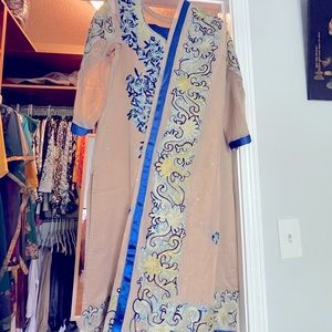 Blue and beige salwar with pants and dupatta.